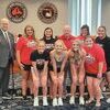 The Central High School Lady Warriors basketball team was commended for its state championship win at the School Board's Tuesday meeting. Left to right are Superintendent Greg Mullins, Sara Sturgill, Emmah McAmis, Kate Jessee, Jill Sturgill, coach Robin Dotson, Jadyn Foster, Lexi Sturgill, Mia Cross and Baylee Collins. Not pictured are Bayleigh Allison, Emilee Brickey, Kaylee Lawson, Emilee Mullins, Isabella Sturgill, Gracie Tompkins and assistant coaches Chad Compton, Sophie England and Josh Mabe.  KENNETH CROWSON PHOTO