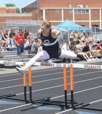 Maddox Reynolds was victorious in the Region 2D 110-meter hurdle race earlier this year. PHOTO BY KELLEY PEARSON