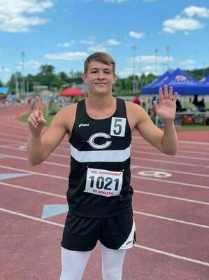 Maddox Reynolds holds up six fingers, representing the amount of state championship rings he won in his career after the 2022 VHSL Class 2 state track and field meet. SUBMITTED PHOTO